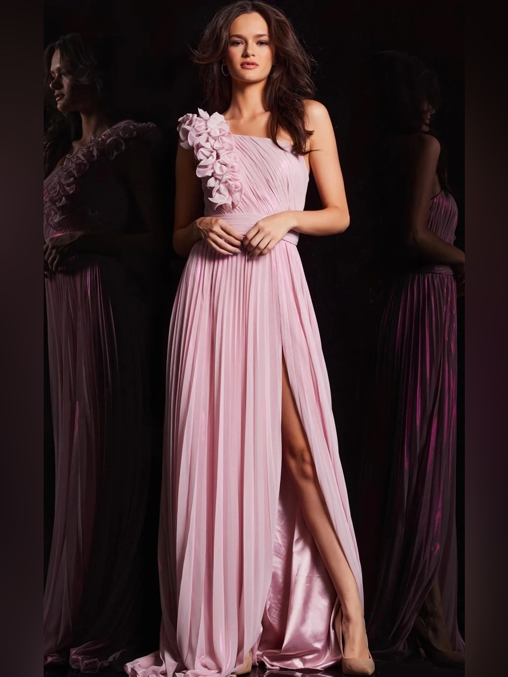 Jovani 24609A Light Pink One-Shoulder Pleated Evening Gown with Floral Detail